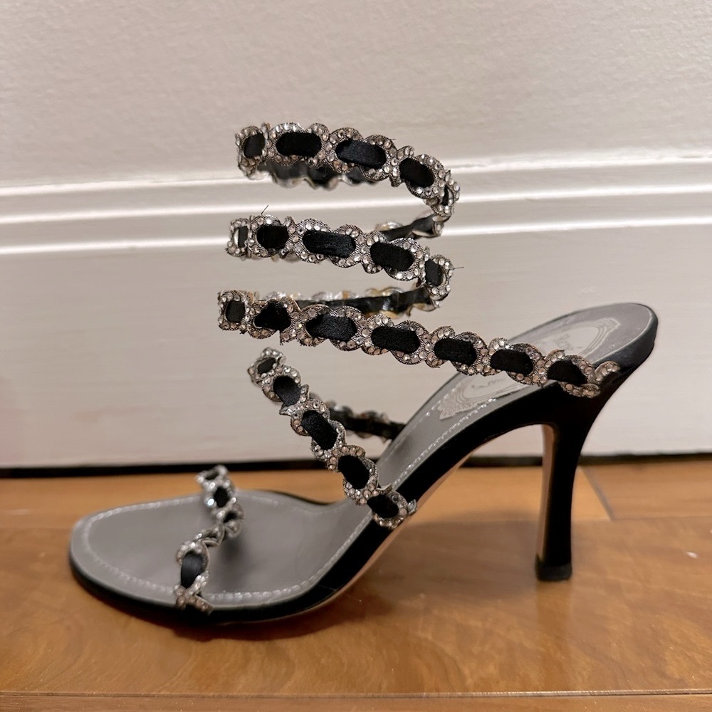 RENE CAOVILLA Satin Embellished Wrap Around Heels